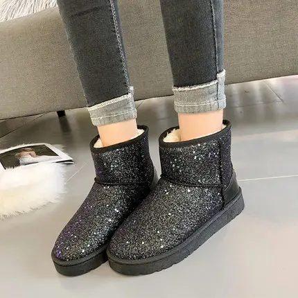 

2021 winter new snow boots short tube sequins fashion wild warm plus size women's short boots