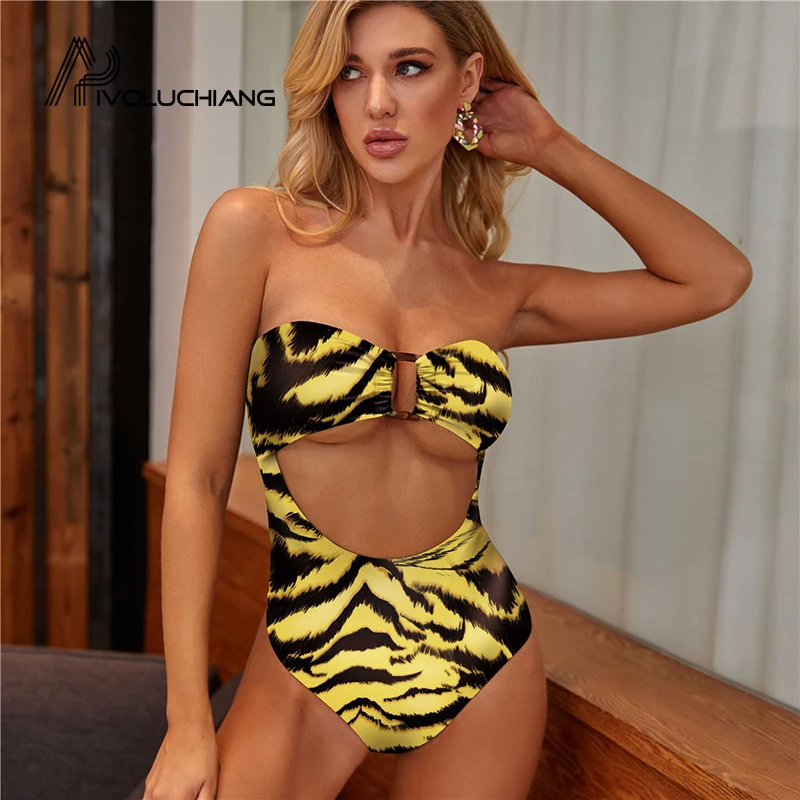 Женский слитный купальник без бретелек сексуальный с леопардовым принтом