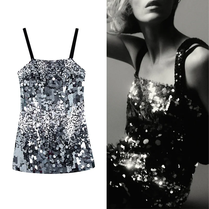 

Za 2022 Women New Mini Camis Dress Spring Summer Vintage Sexy Prom Sequin Dresses Backless Sleeveless Party Elegant Dress