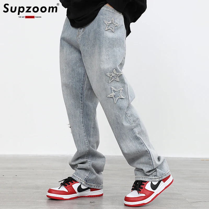 Supzoom 2021 New Arrival Hip Hop Men Jeans High Street Light Color Washing Water Star Pasted Cloth Embroidered Micro Horn