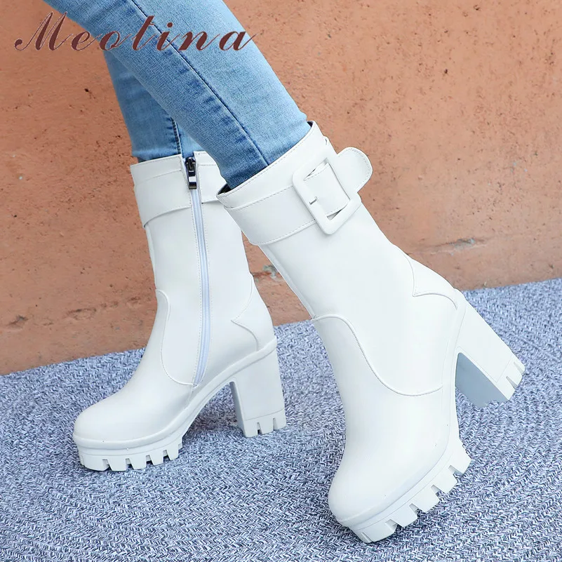 

Meotina Winter Mid Calf Boots Women Buckle Platform Chunky Heels Boots Zipper Super High Heel Shoes Female Autumn Big Size 34-43