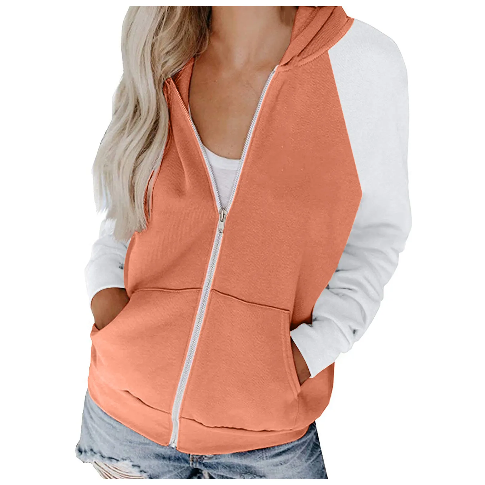 

Женская повседневная толстовка на молнии с кулиской, свободная толстовка с рукавами в стиле пэчворк, куртка с карманами и украшением, весна-...