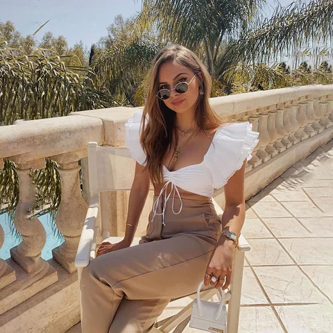 Combhasak Women Blouse Flare Sleeve V Neck Sexy Crop Top Drawstring Ruched Front Navel Short Top Summer Female Solid Slim Blouse