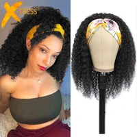 synthetic headband wig for black women kinky curly medium length 18 black colored glueless machine made hair scarf wig x tress