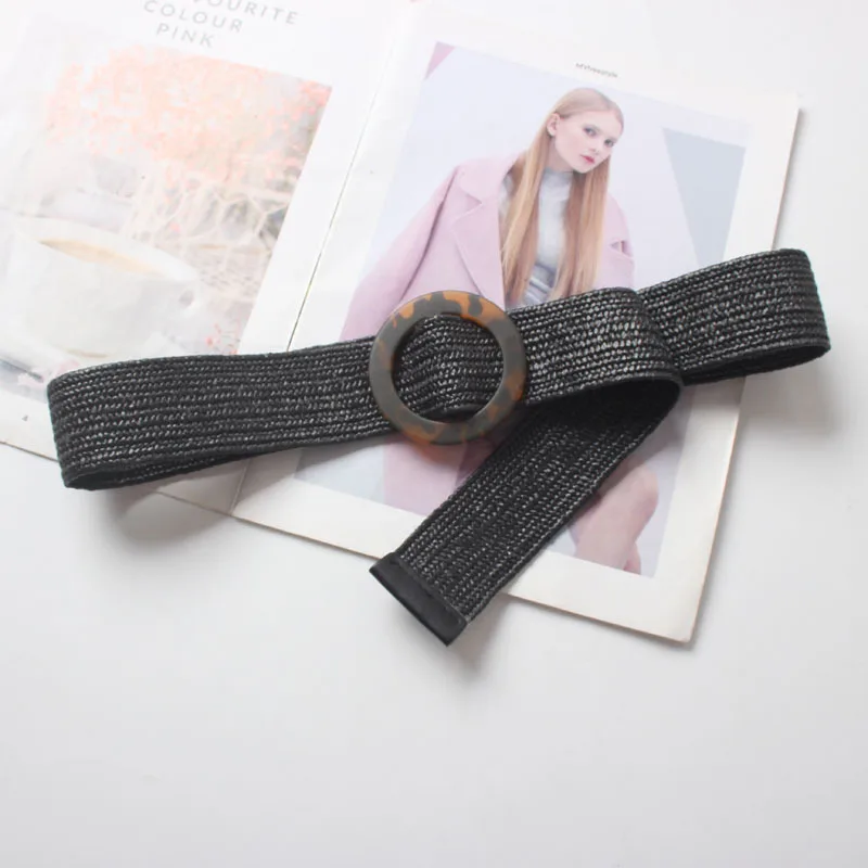 Ремень женский Плетеный с круглой пряжкой соломенный эластичный пояс для