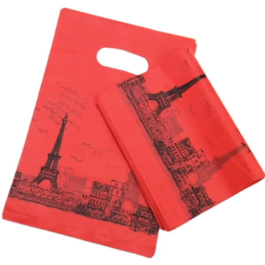 

New Style Wholesale 100pcs/lot 25*35cm Luxury Fashion Red Packaging Bags With Eiffel Tower Plastic New Year Gift Package