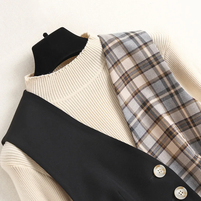 

2020 Top Fashion Women Autumn Winter Dress Long Sleeve Elegant Pullover Knitted Top and Tank Dress 2 Piece Set