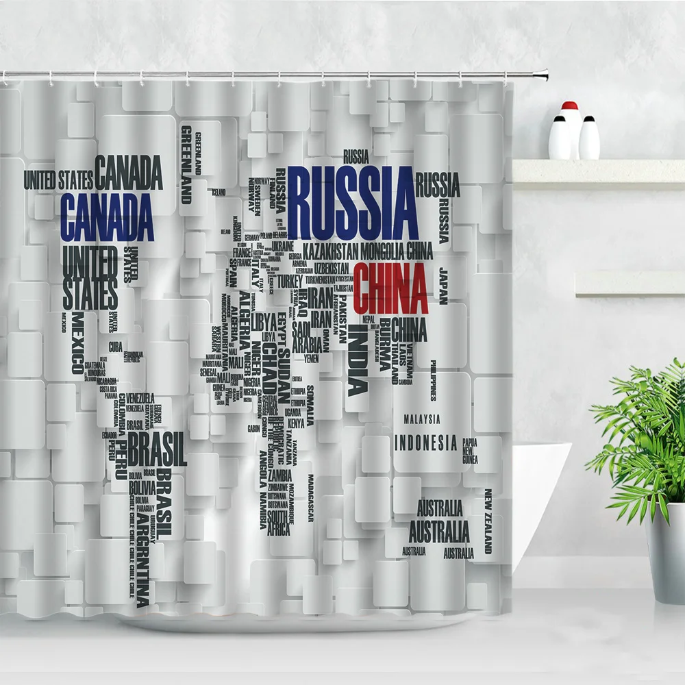 

World Map Shower Curtains Retro Geometric Pattern Nordic Style Modern Natural Waterproof Fabric Home Decor Bathroom Curtain Set