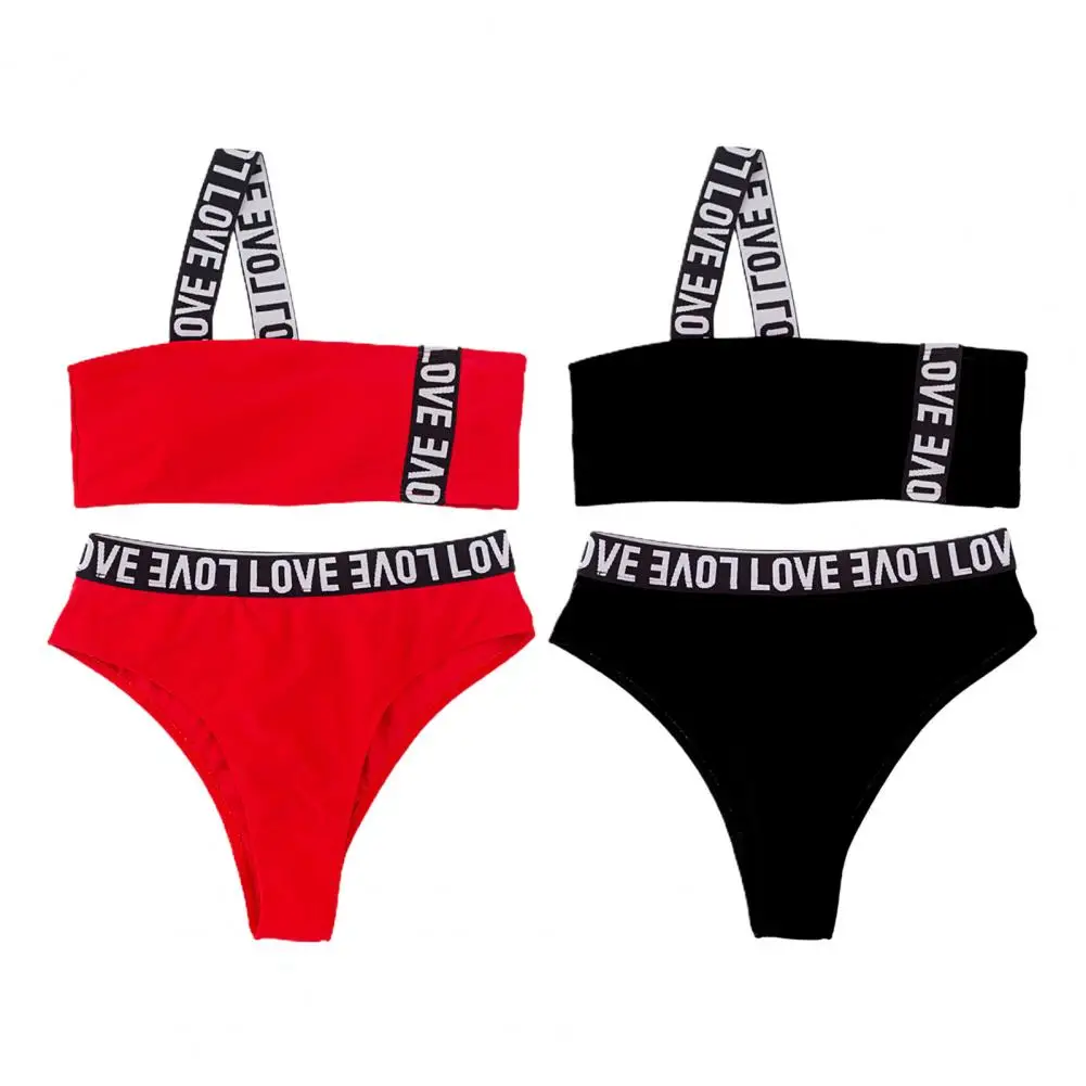 

Women High Waist Briefs One Shoulder Tube Top Bra Letters Bikini Set Swimsuit
