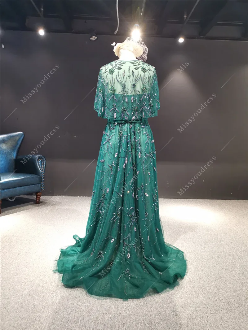 

Hot Sale Green Color Luxurious Custom Made Heavy Beads Sweet Heart Half Sleeves A-line Prom Party Bridal Women Evening Dresses