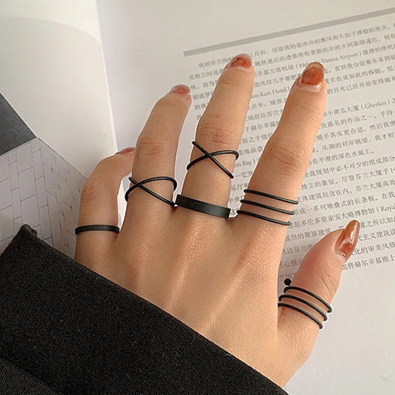 

New Punk Finger Rings 6pcs/set Minimalist Smooth Gold/Black Geometric Metal Rings For Women Girls Party Jewelry Bijoux Femme