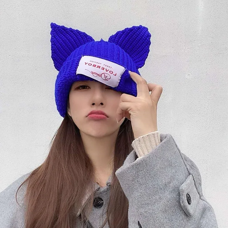 South Korea Ins Cat Ear Wool Knitted Hat Women's Casual Versatile Net Red Warm Autumn And Winter Protection Headgear