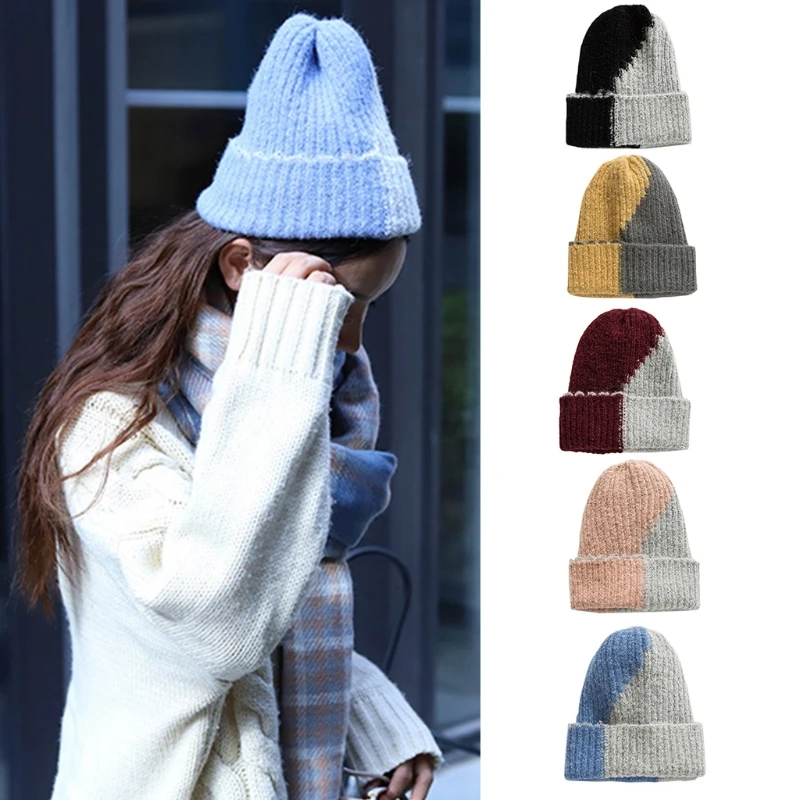

Unisex Winter Ribbed Knitted Stretchy Beanie Hat Color Block Cuffed Skull Cap