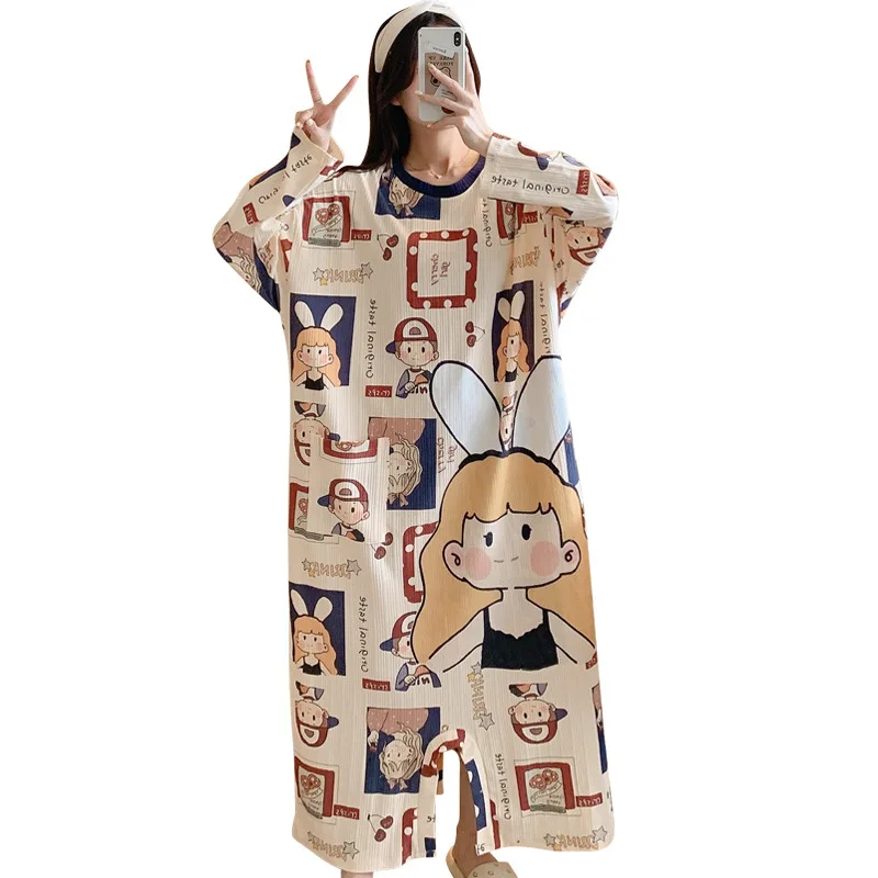 

Long-sleeved one-piece pajamas women's cotton cartoon nightdress Long one-piece pajama pants