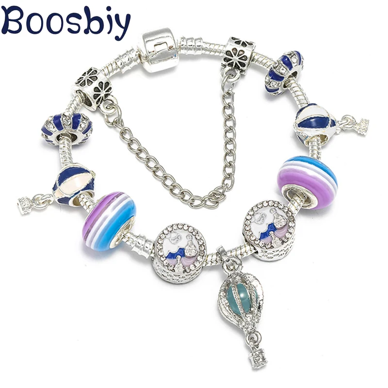 

Boosbiy Silver Plated Charm Bracelet & Bangle with Blue Balloon Beads DIY Brand Jewelry Gift For Women Dropshipping