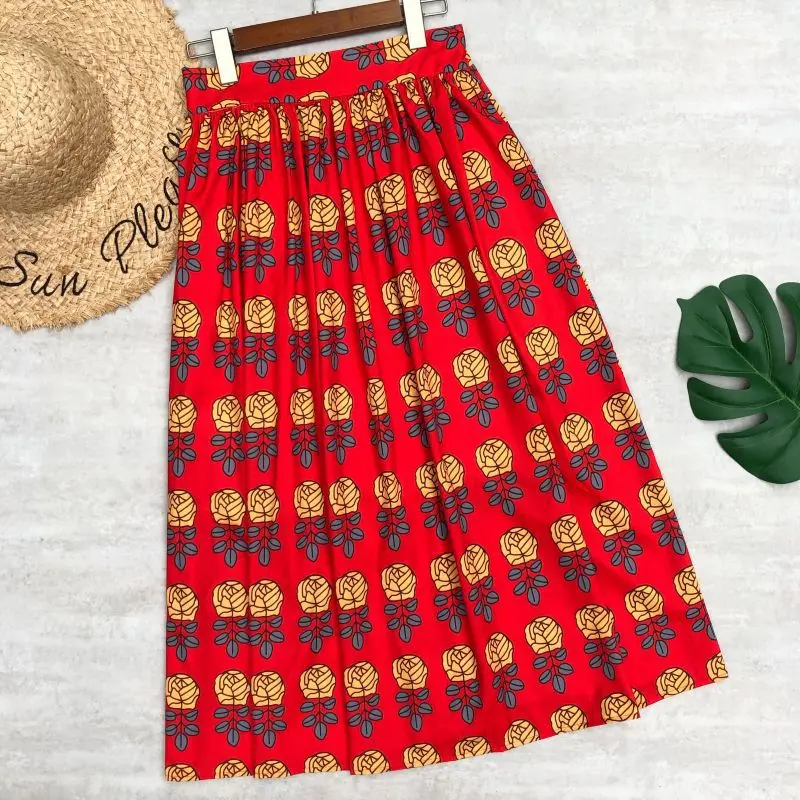 

Spring and Summer Women's Printed Skirt Rose Flower High Waist Mid-length Over The Knee Floral Pleated Skirt