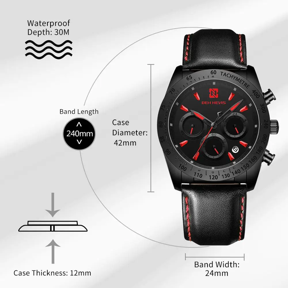 

BEN NEVIS Watches for Men Quartz Black Small Dial Leather Watch Band Daily Waterproof Design Reloj De Hombre