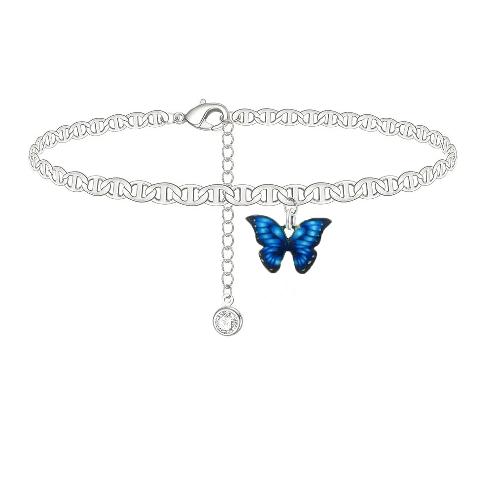 Анклет-бабочка женский модный ножной браслет серебристого цвета с синей