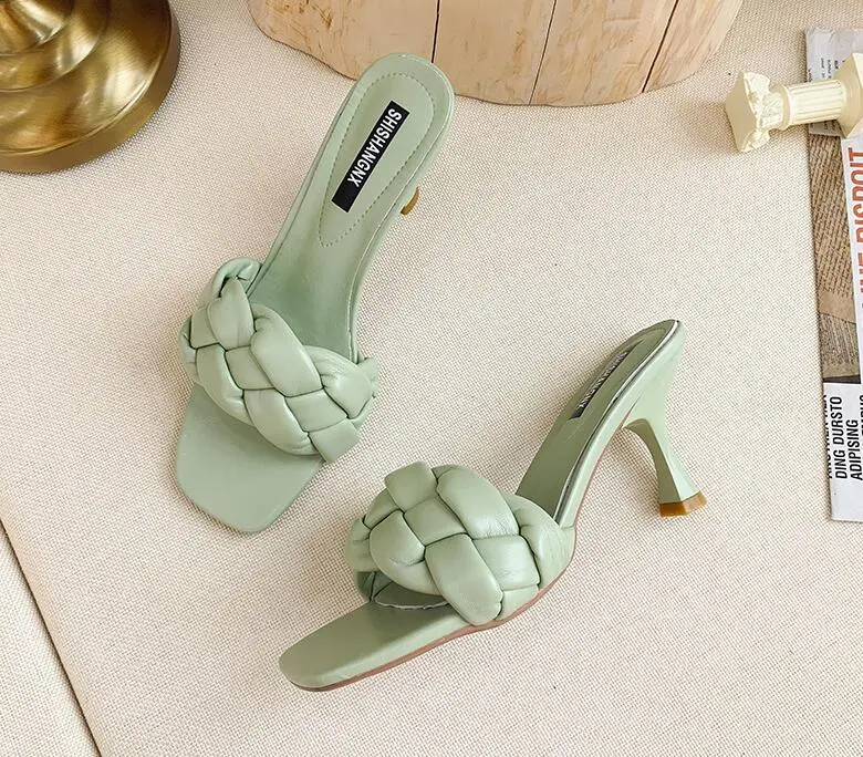 

New Design Weave Women Slipper Ladies Thin High Heel Sandal Open Toe Slip On Summer Outdoor Slides Flip Flop Shoe