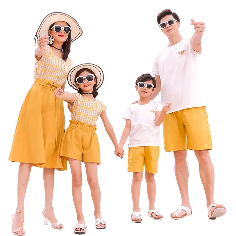 matching family outfits Mother and daughter clothes women plaid shirt fashion yellow skirt short pants father son summer tshirt