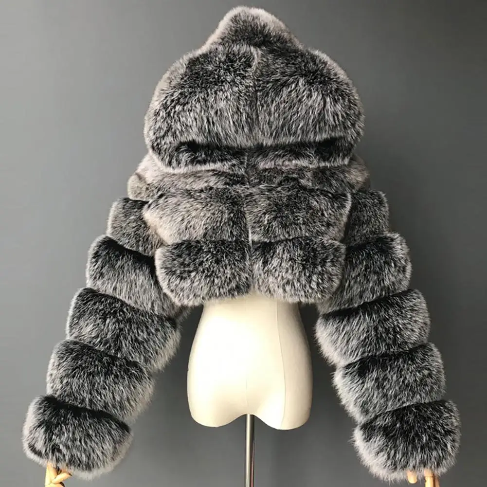 Women Fashion Winter Faux Fur Cropped Coat Fluffy Zip Hooded Warm Short Jacket