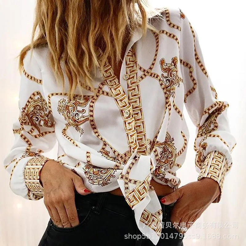 

Blouse top, European and American outerwear chain print chiffon shirt top