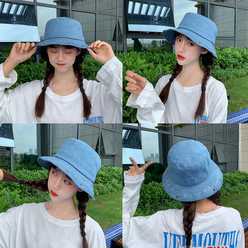 

New Fisherman Hat Women's Panama Cap Embroidered Bucket Hat Sun Protection Hat Wide Eaves Bob Hat Unisex Summer Hiking Hat