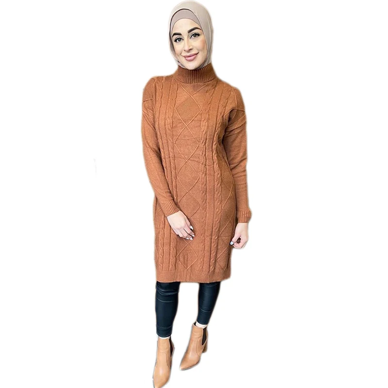 

Muslim Abaya Sweater Long Dress Knitted Turkleneck Arab Ramadan Islamic Pullover Casual OL Style Elegant Dress Autumn Winter New