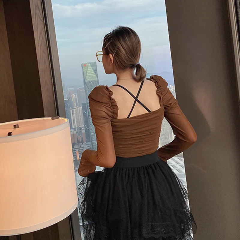 LANMREM нишевый квадратный воротник плиссированные Футболки с длинным рукавом для