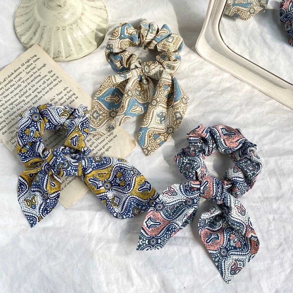 

New Chiffon Bowknot Silk Hair Scrunchies for Women Cute Pearl Ponytail Holder Hair Rope Rubber Bands Hair Accessories