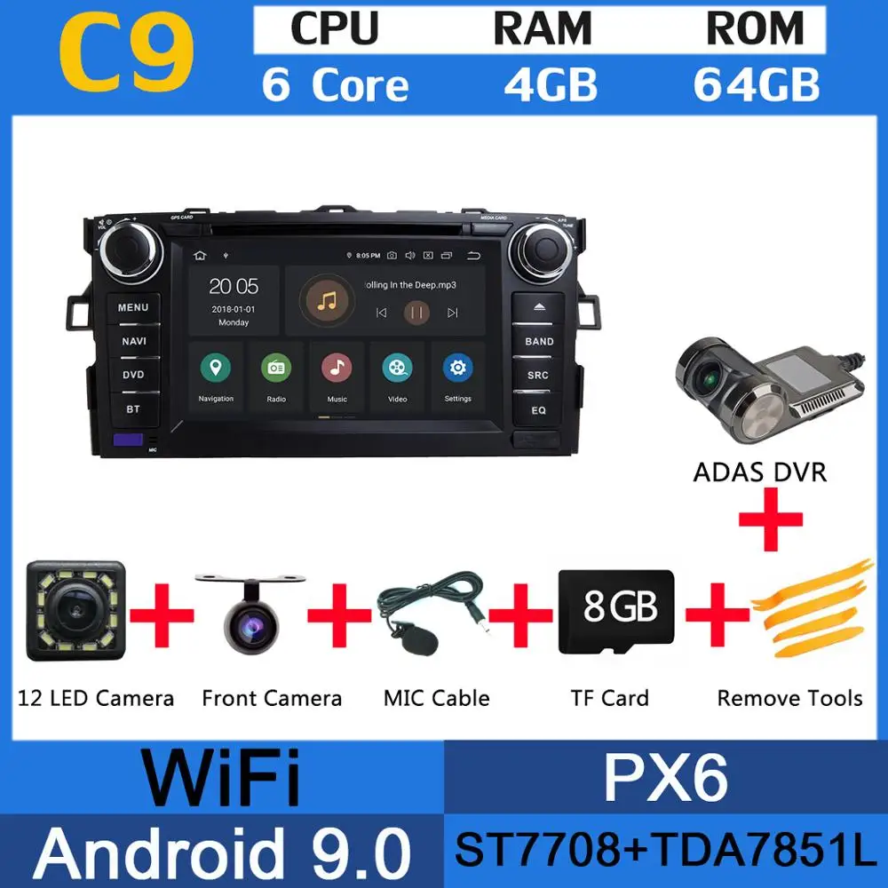 PX6 ADAS " PX6 4G+ 64G Android 9,0 для Toyota Auris 2006 2007 2008 2009 2010 2011 Автомобильный DVD Радио gps навигации DSP CarPlay - Цвет: PX6 ADAS
