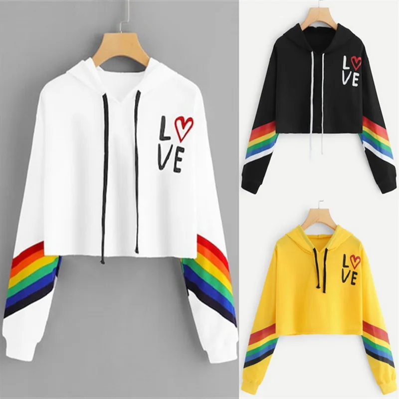 

Autumn Sweatshirt Women Fashion Rainbow Love printing Casual Long Sleeve Hoodies Loose Short Hooded Women Swatshirt