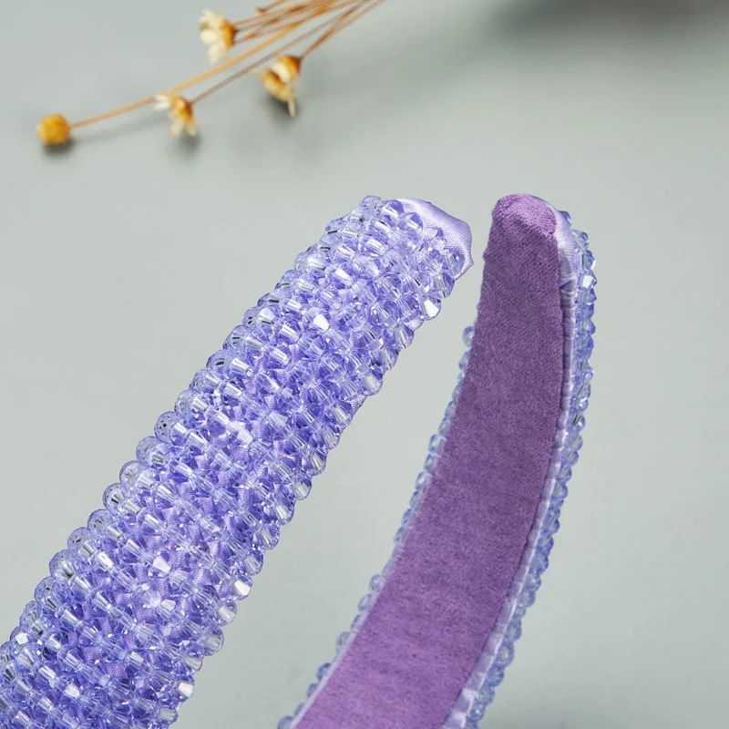 

2021 New Fashion Spring Bright Crystal Headband Korean Wide-brimmed Hair Sponge Hairband Purple Champagne Blue Hair Accessories