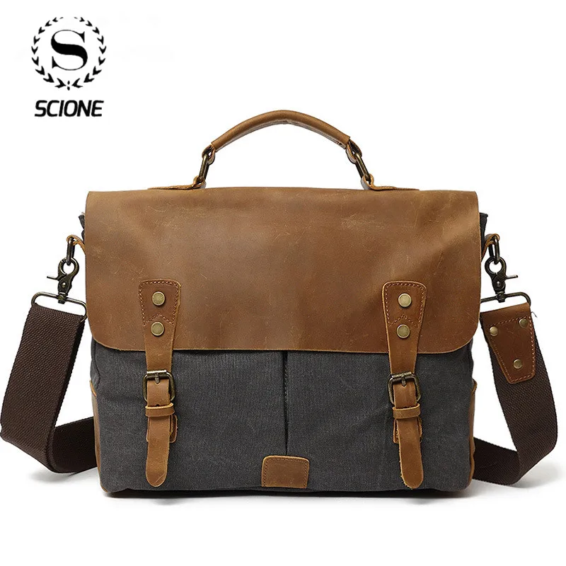 Мужской деловой портфель сумка-мессенджер в стиле ретро из кожи и холста Крейзи
