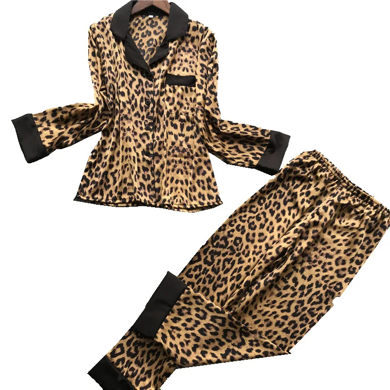 

Fashion spring summer autumn long sleeve pajamas women's imitation silk home wear set leopard sexy pajamas ice silk two pieces