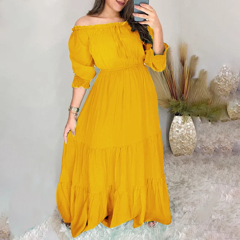 

VONDA Women Solid Color Pleated Robes Long Maxi Dress Plus Size Autumn Off Shoulder Long Sleeve Vestidos Femme Baggy Sundress