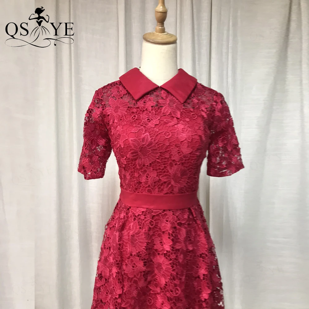 

QSYYE Red Lace Short Prom Dresses Short Sleeves High Turtleneck Evening Dress Mini A Line Girl Party Gown Graduation Graduation