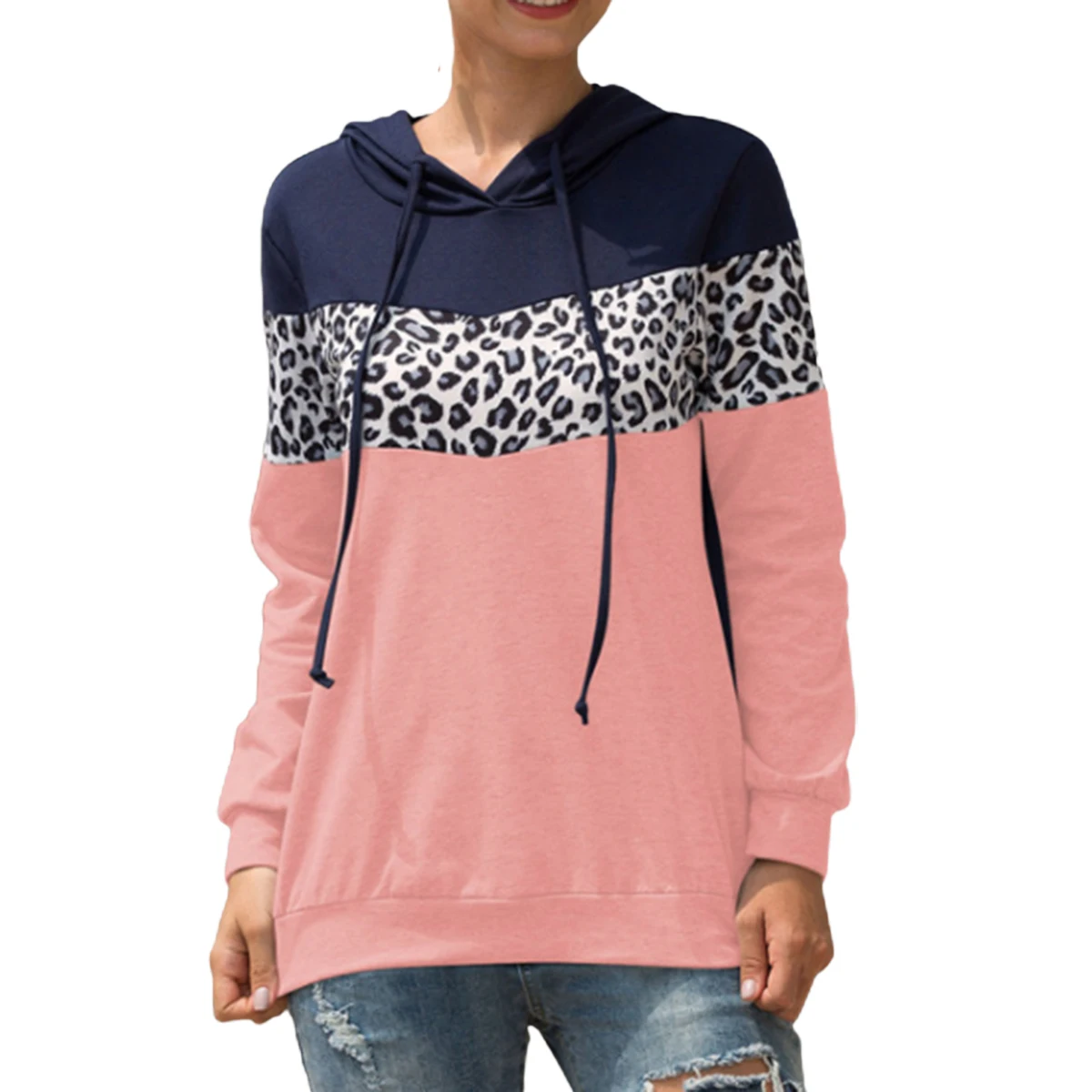 

Women Casual Loose Hoodie Long Sleeve Leopard Printed Hooded Pullover Female Patchwork Hoodies Girls Autumn Spring Sweatshirt