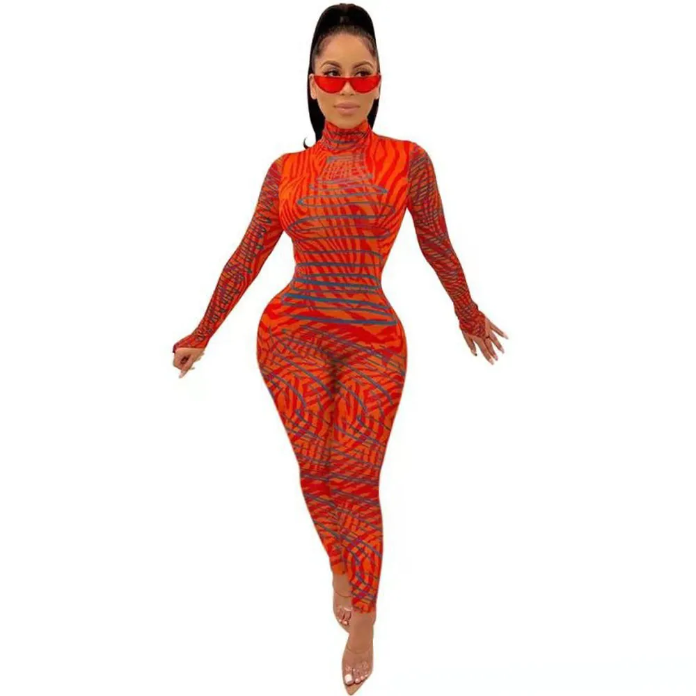 Осенне зимний комбинезон с высокой горловиной и принтом Комбинезоны для женщин