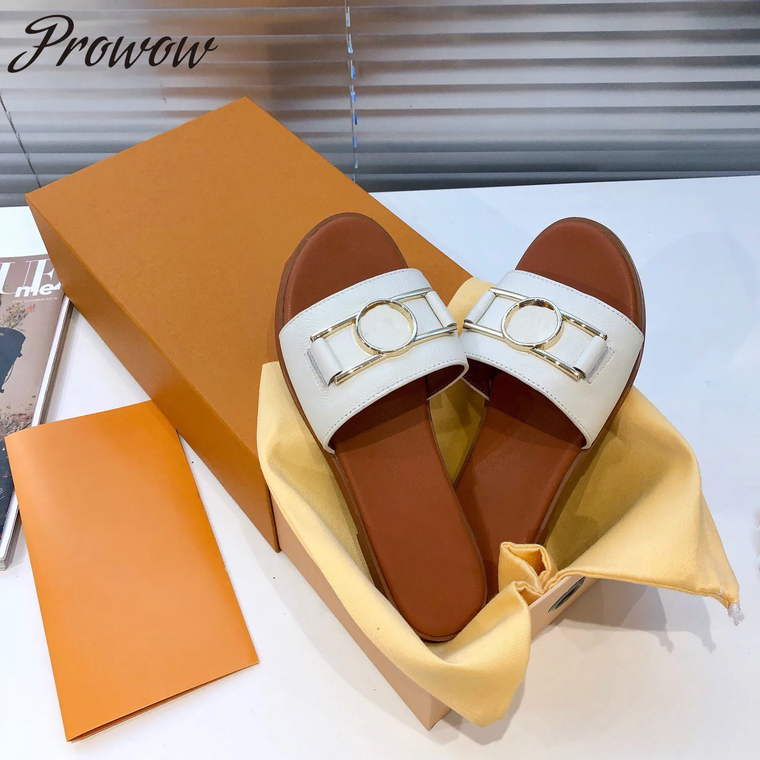 

Prowow New khaki White Metal Studded Spring Summer Slippers Luxury Brand Flats Mules Shoes Women Zapatos Mujer