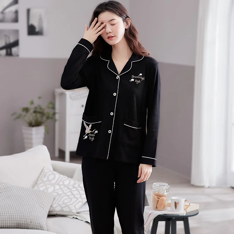 

New Autumn Cotton Women Pajamas Set Cartoon Pyjamas Womens Long Sleeve Turn-down Collar Elegant Sleepwear Plus Size Homewear