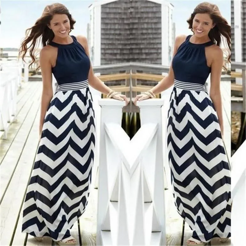 

Women Summer Dress Fashion Wave Striped Long Dress Sexy Sleeveless Hanging Neck High Waist Stitching Dresses
