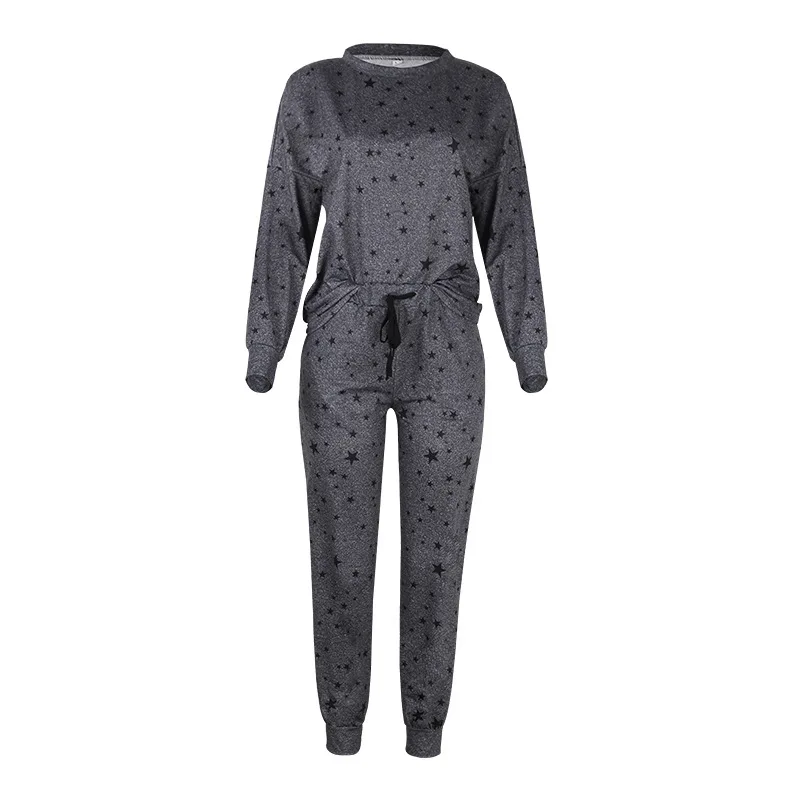 

Mandylandy Autumn Winter Star Print Loose Home Suit Women's Casual Lace-up Pencil Pants + Long Sleeve O-Neck T-shirt Suit