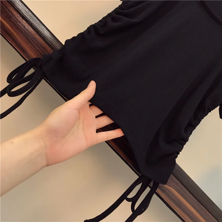 

Fake two O-neck Strapless Drawstring Black Tshirt 2 piece Set Female Summer New Color block Irregular splicing Denim Skirt Suits