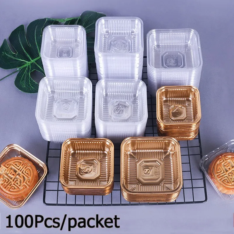 

100PCS High Quality Mooncake Inner Transparent Food Packaging Box Golden Blister Box Brand New Dessert Mini Tray Storage Boxes