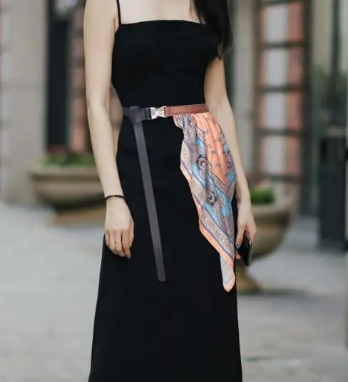 Новейшая Женская мода PU кожаный ремень с атласный Шелковый платок украшение