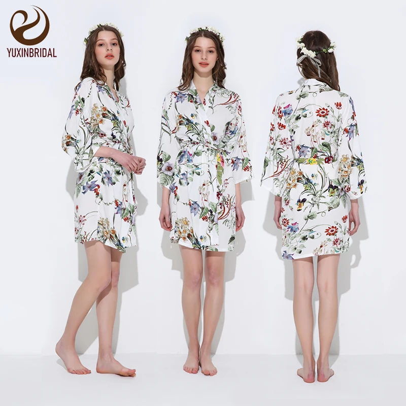 

YUXINBRIDAL Wedding Bride Bridesmaid Floral Robe Satin Rayon Cotton Floral Robe Nightgown for Women Kimono Sleepwear Robe