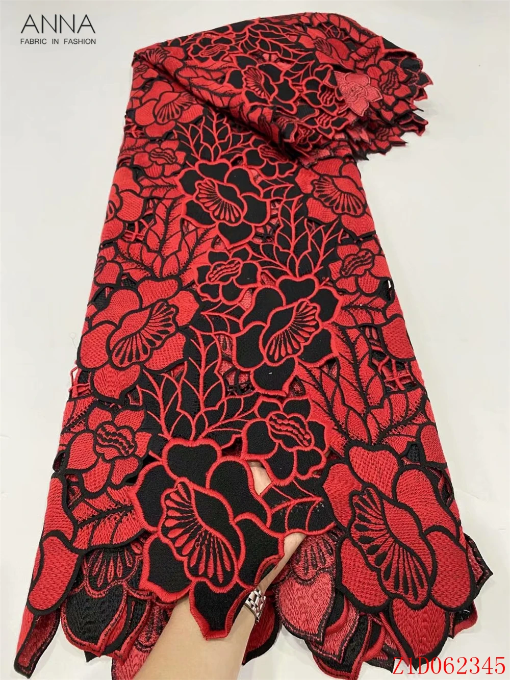 

Anna 2021 latest african cord lace water soluble fabric high quality red and black embroidery design nigerian guipure lace fabrc