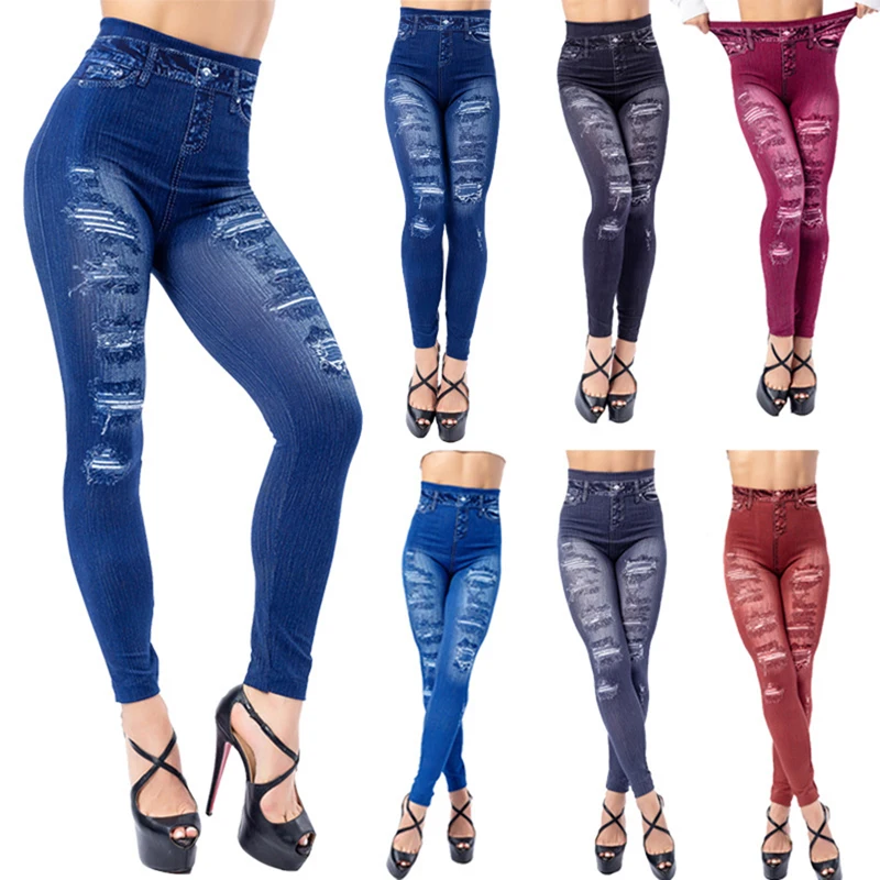 

2020New Women Denim Leggings Patch Printing Pencil Pants Skinny Jeans Female High Elastic Casual Skinny Gym Denim Legging