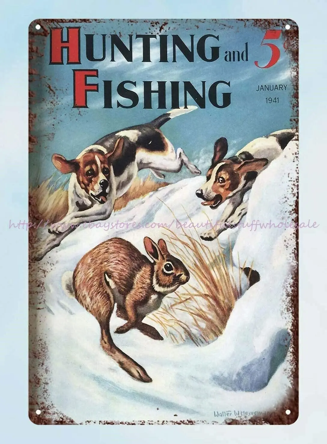 

at Home Decor Rabbit Fishing Hunting 1941 Old Magazine Beagle Metal tin Sign Retro Wall Home Bar Pub Vintage Cafe Decor, 8x12